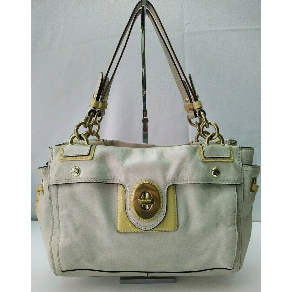 Coach Payton Ivory Leather Turnlock Pocket Double Handles Satchel Tote Bag